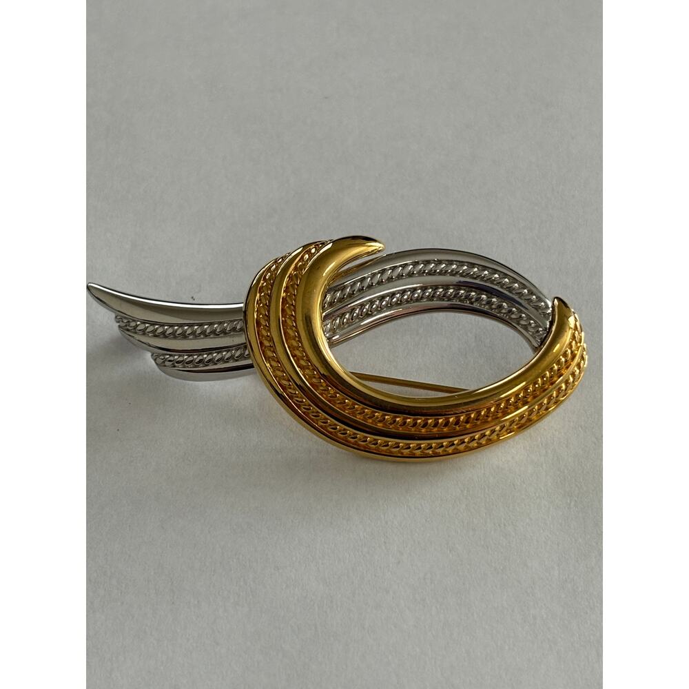 Vintage Monet Gold Tone Silver Tone Ribbon Pin Brooch